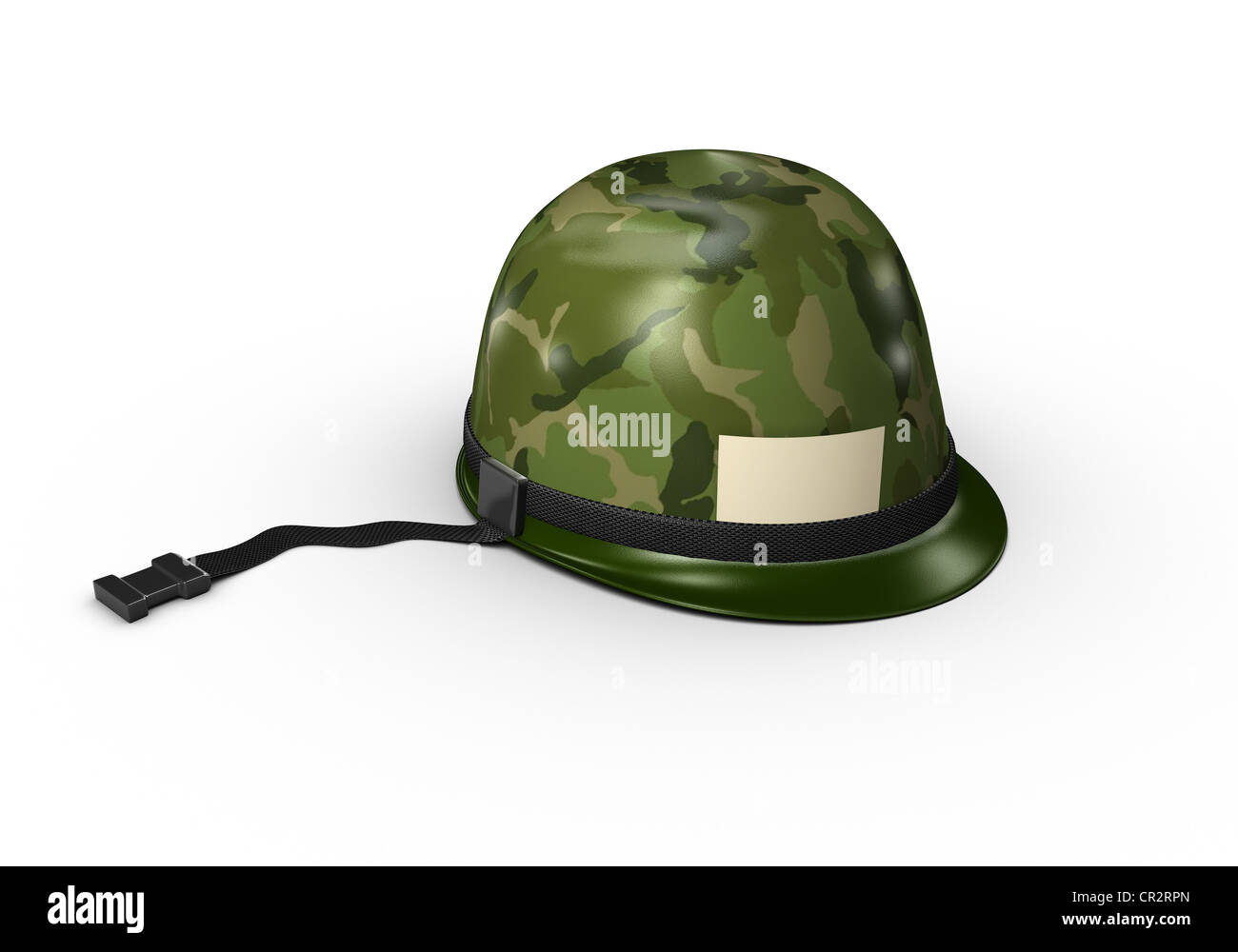 Ein Armee-Helm mit einer Schnur und grüne Camouflage-Muster. Stockfoto