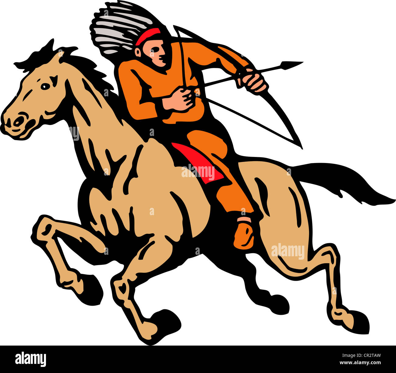 Illustration von indianischen Reiten schießen Pfeil mit Bogen auf isolierten weißen Hintergrund. Stockfoto