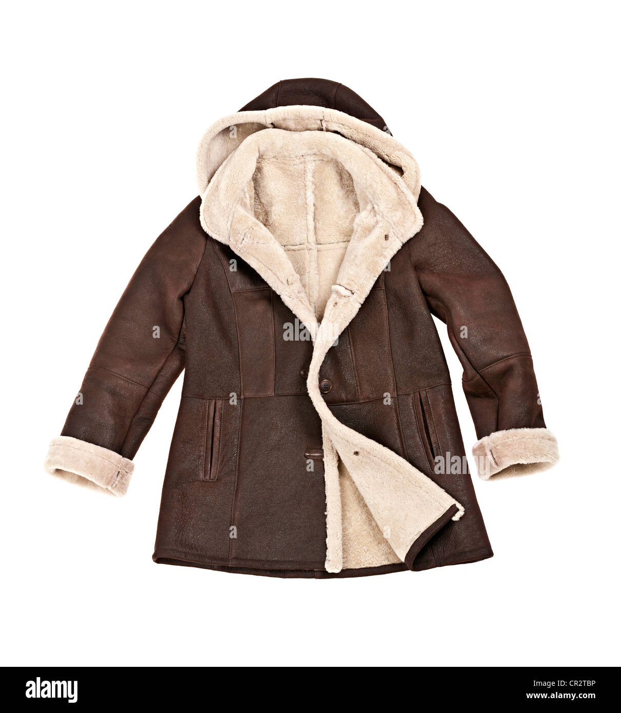 Warmes Braun Lammfell Wintermantel isoliert auf weiss Stockfoto