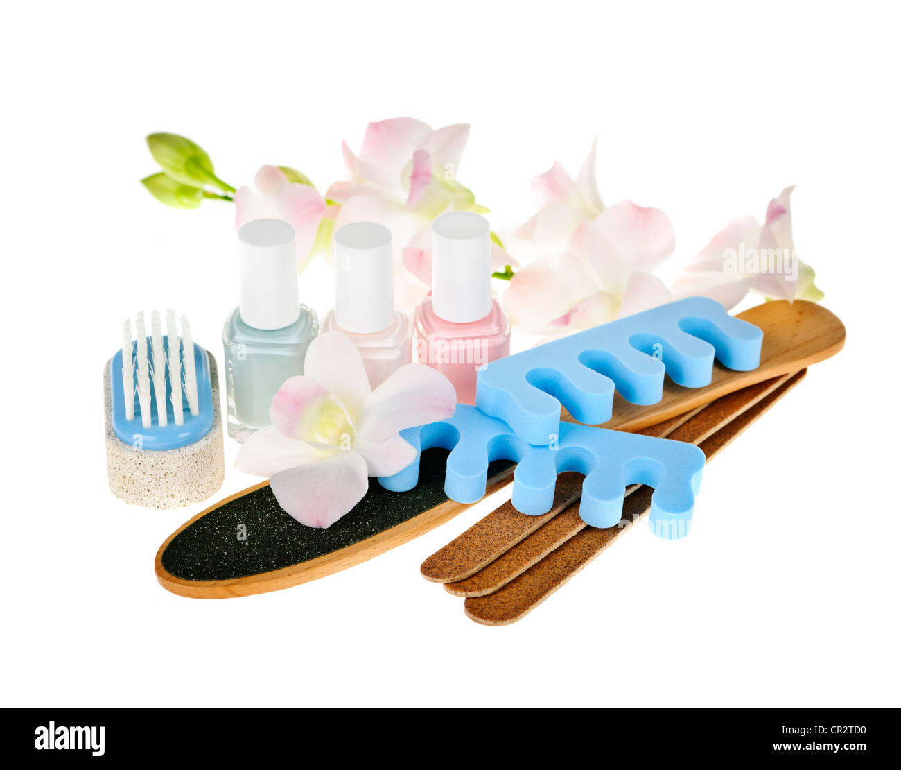 Pediküre Zubehör und Nagellack auf weißem Hintergrund Stockfoto