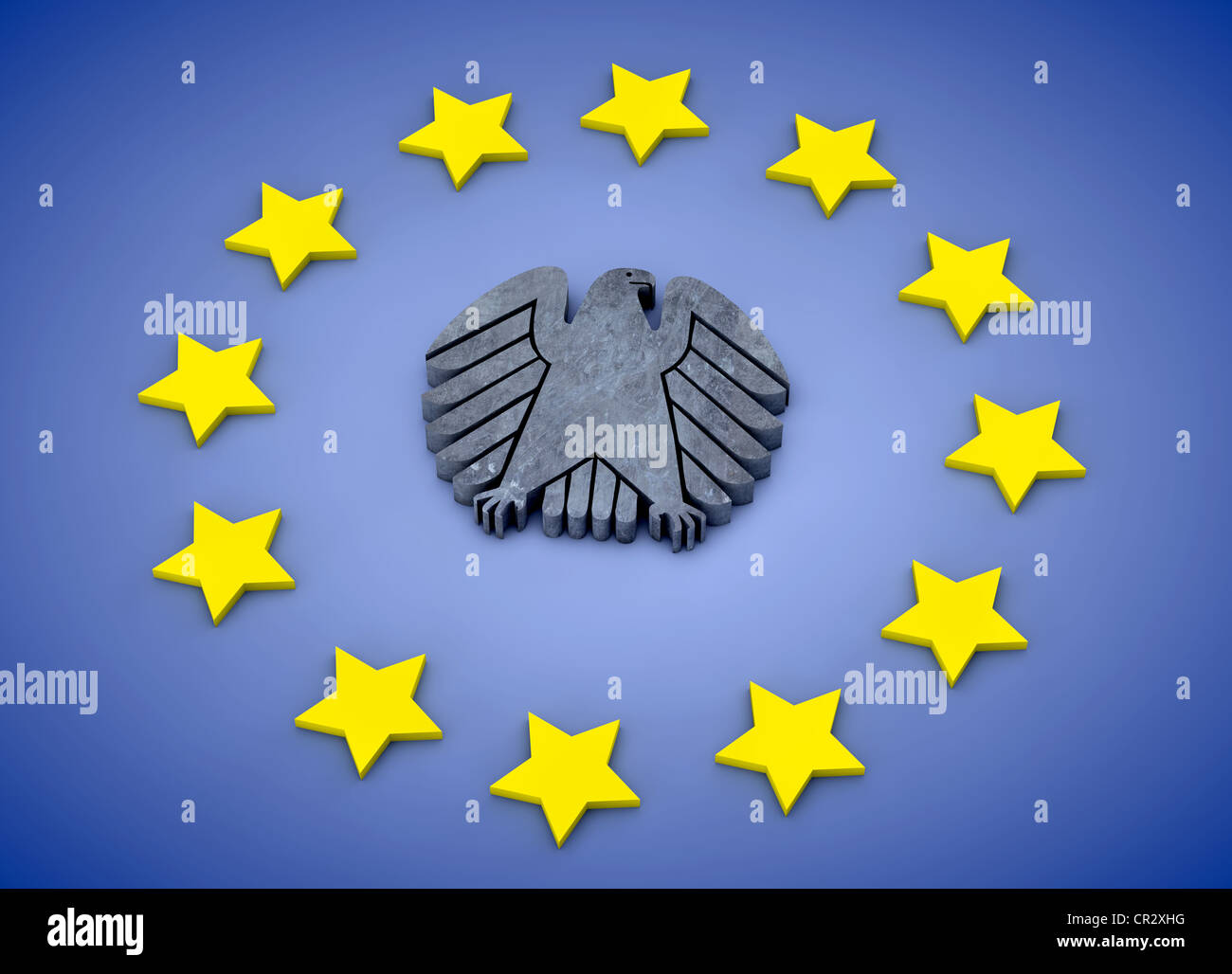 Europaflagge mit Sternen, in der Mitte der Bundesadler, Europäische Union, symbolisches Bild für Deutschland in Europa, 3D illustration Stockfoto