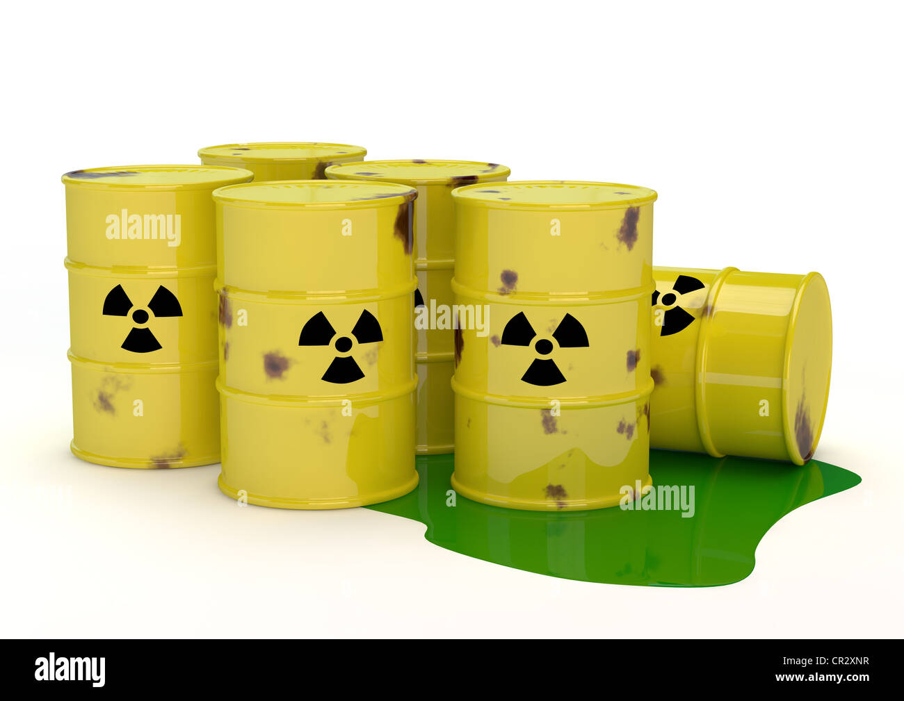 Rostigen Fässern von radioaktivem Atommüll, Endlagerung, Atomkraft, symbolisches Bild, 3D illustration Stockfoto