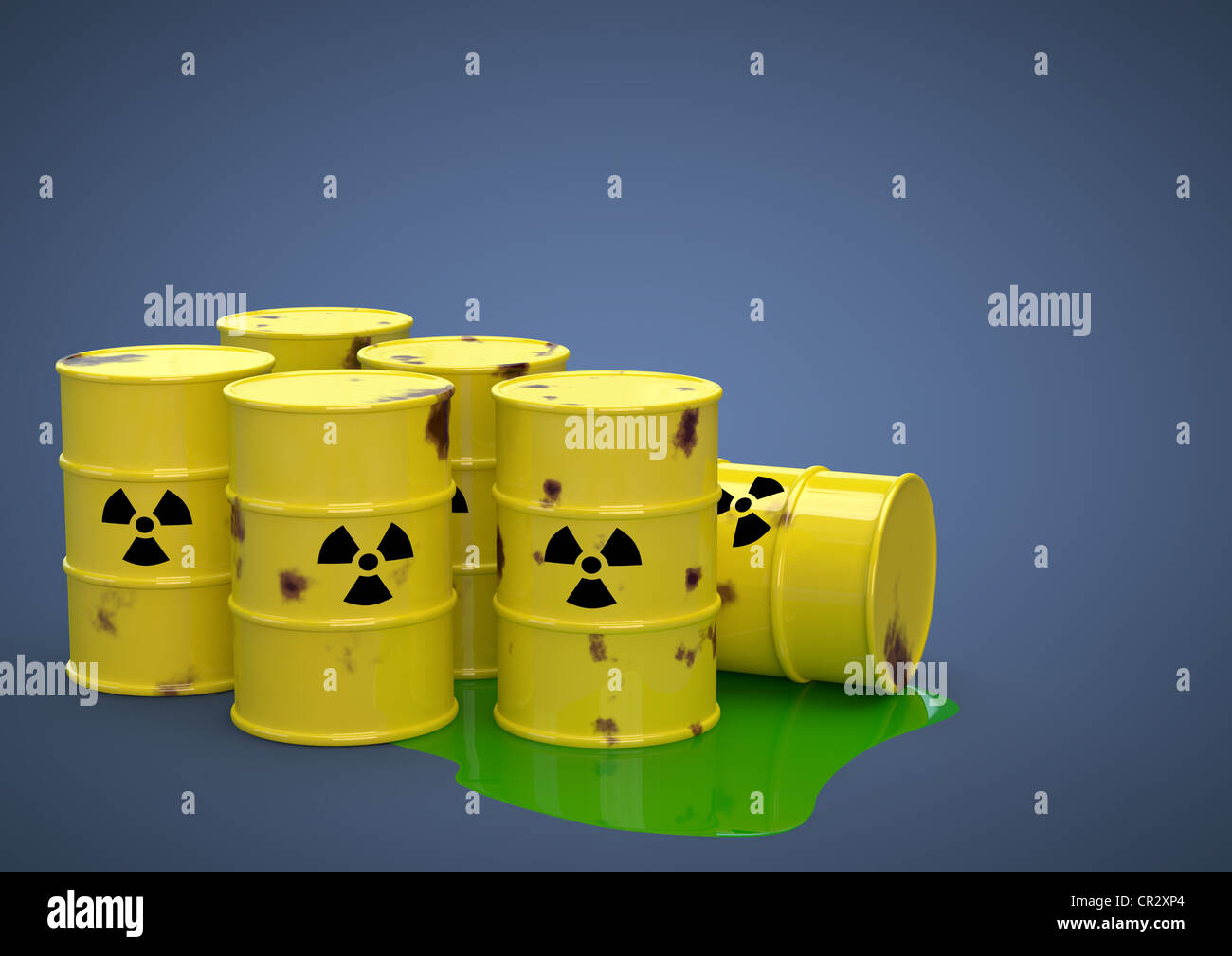 Rostigen Fässern von radioaktivem Atommüll, Endlagerung, Atomkraft, symbolisches Bild, 3D illustration Stockfoto