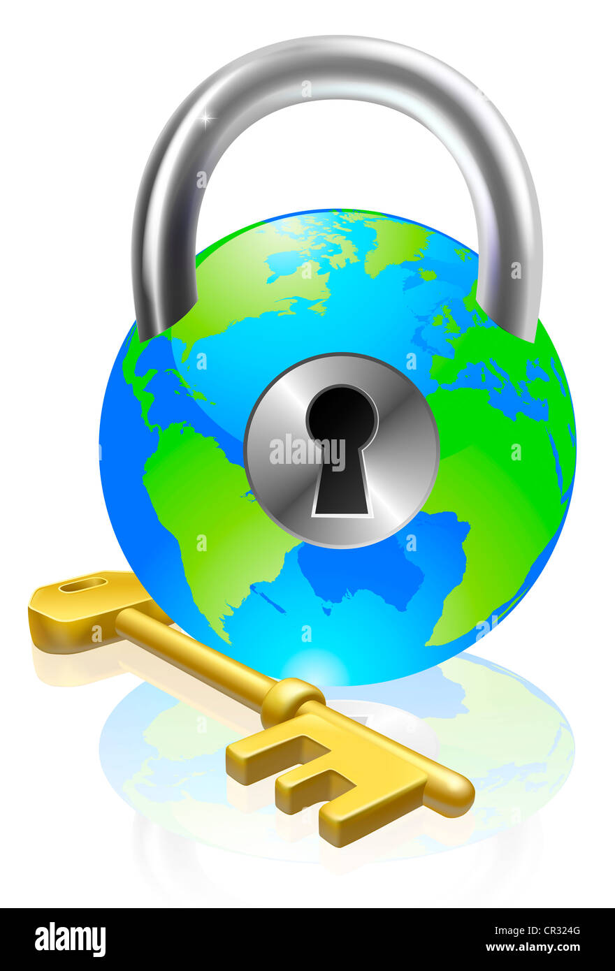 Globus wie ein Vorhängeschloss mit Schlüssel. Konzept könnte für Internet-Sicherheit, Datenschutz oder allgemeine Sicherheit sein. Stockfoto