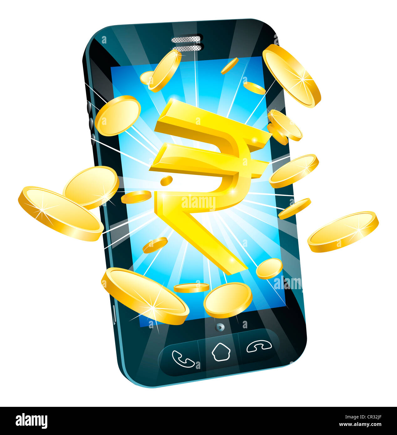 Rupie Geld Telefon Concept Illustration des Handy mit Münzen und gold Rupie-Zeichen Stockfoto