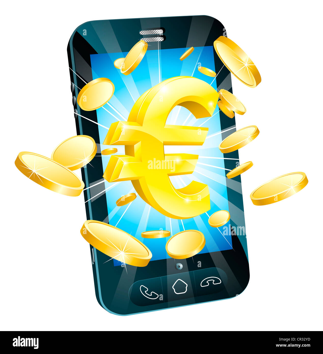 Euro Geld Telefon Concept Illustration des Handy mit Münzen und gold Euro-Zeichen Stockfoto