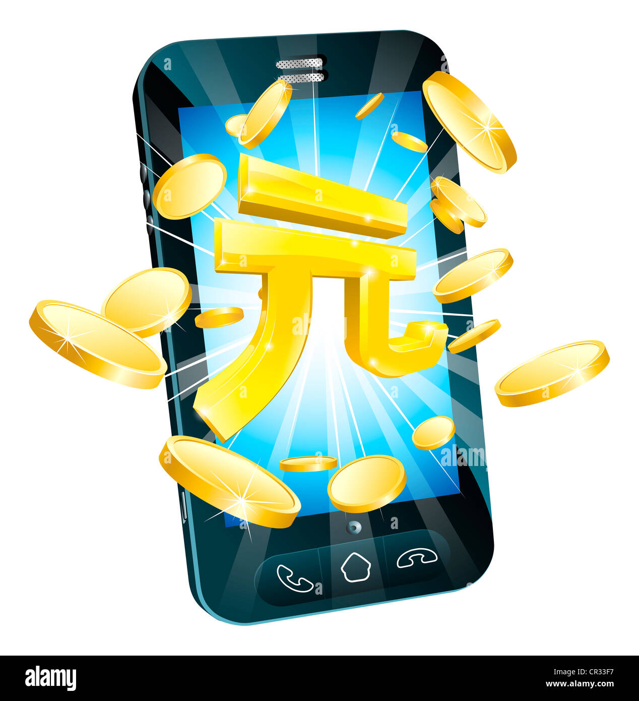 Yuan Geld Telefon Concept Illustration des Handy mit Münzen und gold Yuan Zeichen Stockfoto