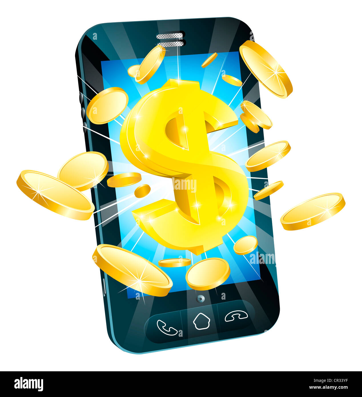 Dollar Geld Handy Konzept Illustration des Handy mit Münzen und gold dollar Stockfoto