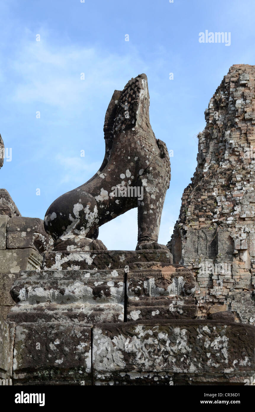 Lion Skulptur, Tempel, Pre Rup, Angkor, Siem Reap, Kambodscha, Südostasien Stockfoto