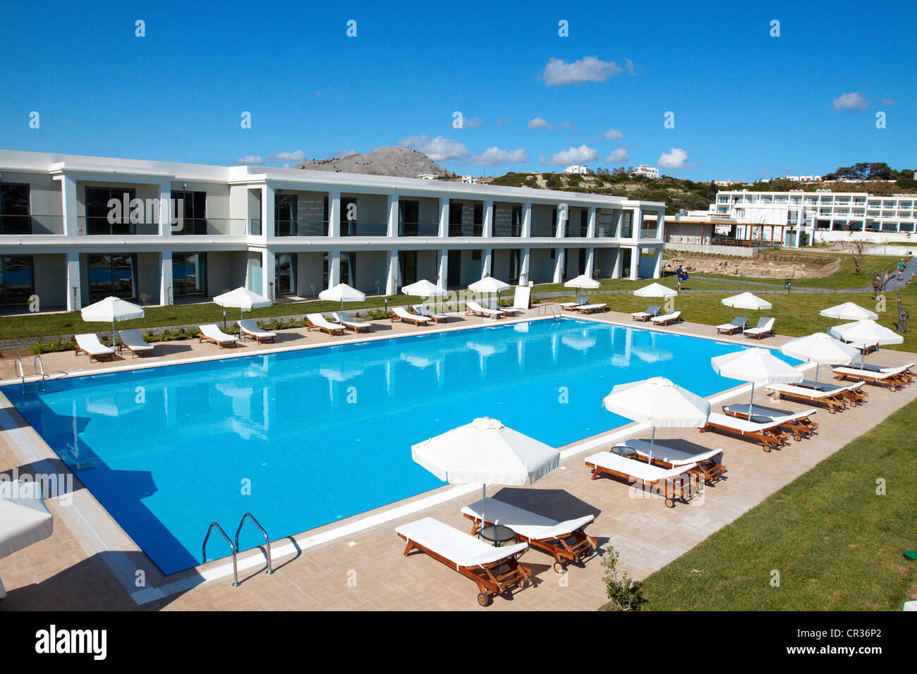 Gesamtansicht der Mark Warner Levante Beach Resort Hotel in Afandou Beach, Rhodos, Griechenland. Stockfoto