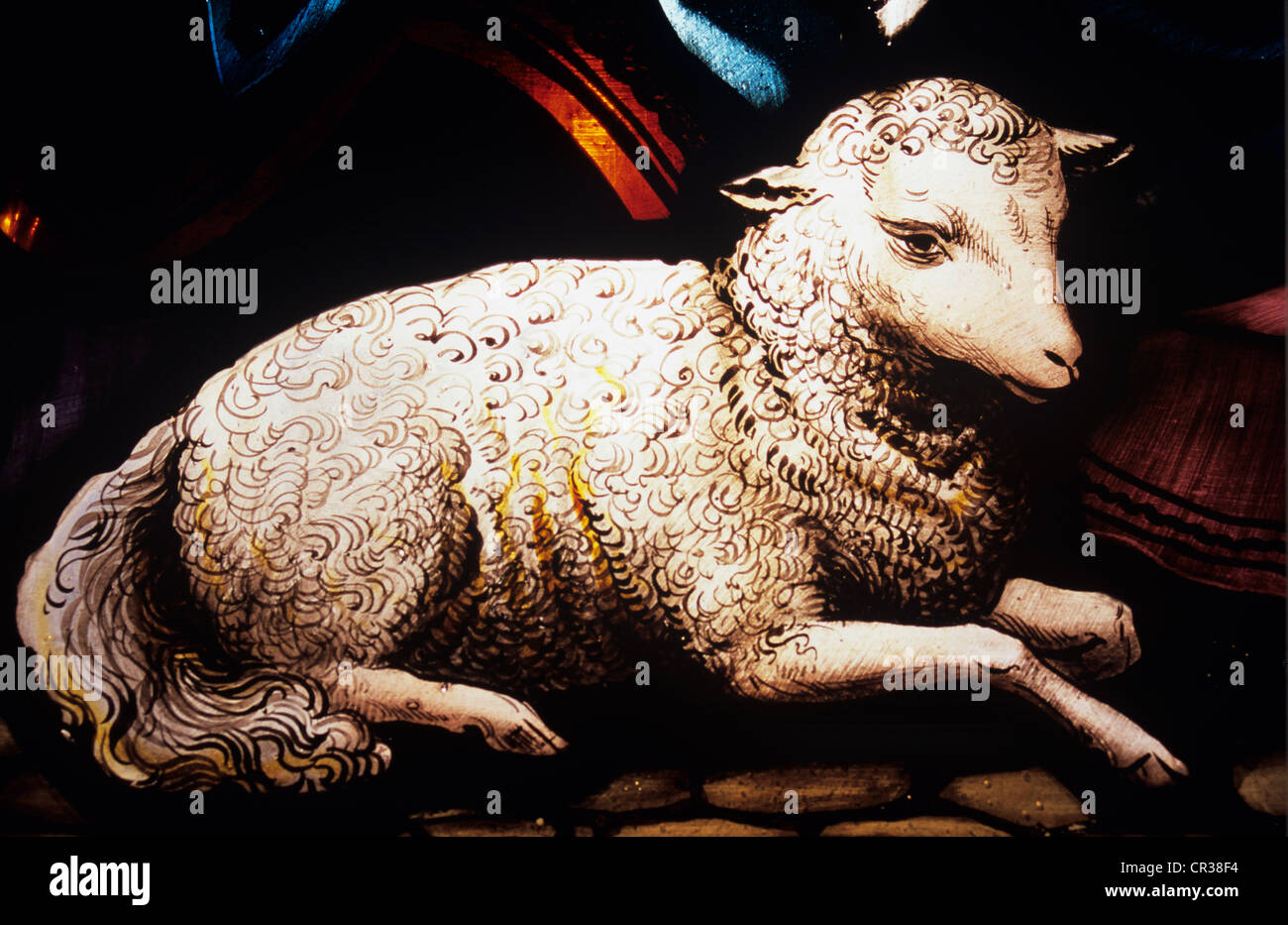 Detail der Buntglas-Fenster mit Schaf oder Lamm mit bemalten locken schlägt seine Fleece Mantel aus Wolle Stockfoto