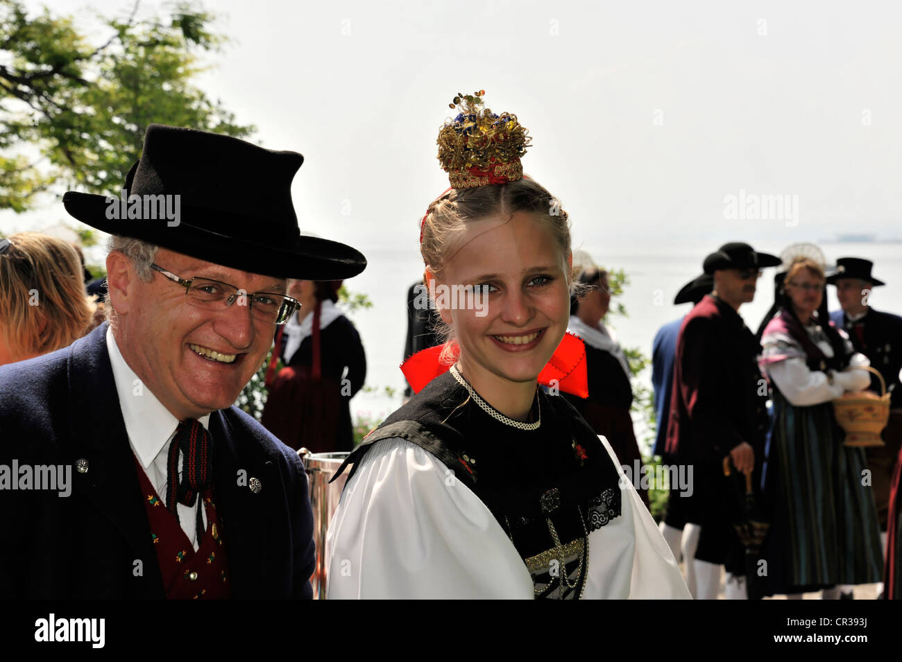 Club-Mitglieder in traditioneller Tracht von nochmals, Schwarzwald, 1. Internationalen Bodensee-Darbietungen traditioneller Tracht Stockfoto