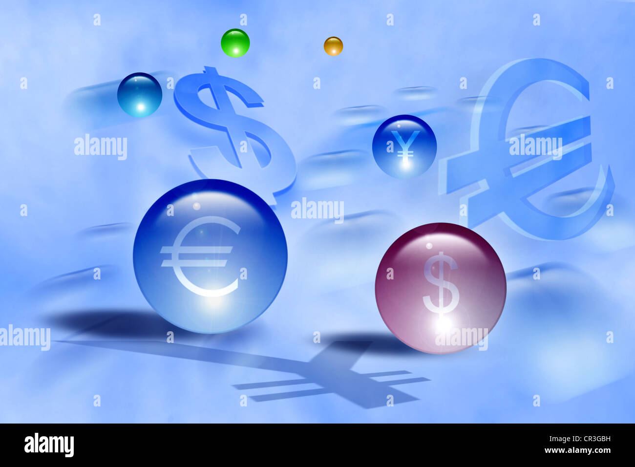 Kristallkugeln, unterschreibt Währung für Euro, Dollar, Yen, Illustration Stockfoto