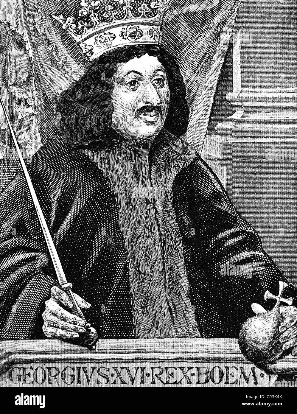 George, 6.4.1420 - 22.3.1471, König von Böhmen 27.2.1458 - 22.3.1471, halbe Länge, Holzgravur, 19. Jahrhundert, Stockfoto