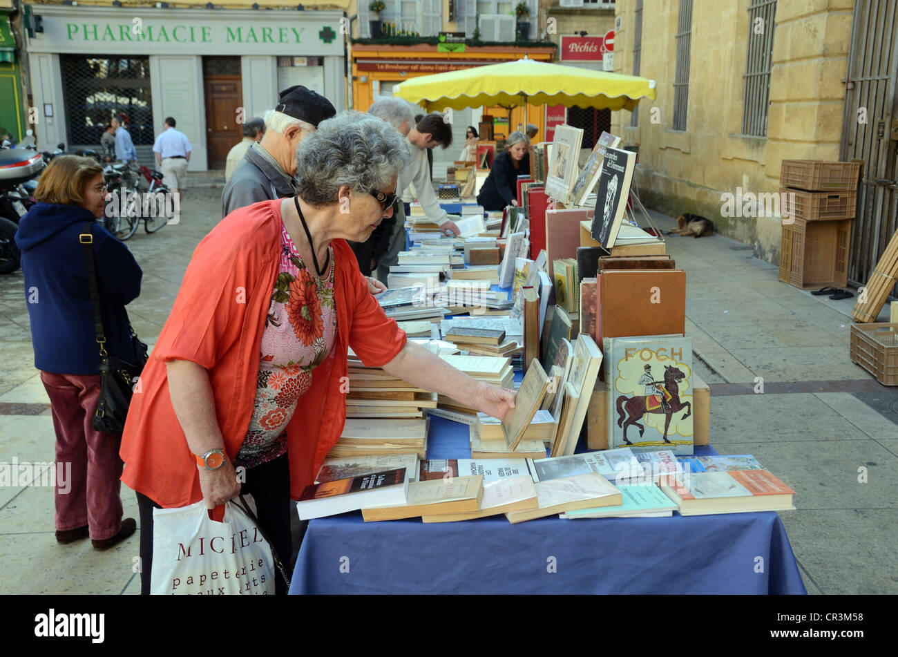 Buchsammler oder Kunde Browsing auf der Buchmesse, Antiquariatbücher, gebrauchte Bücher oder Gebrauchtbuchstand Aix-en-Provence Provence Frankreich Stockfoto