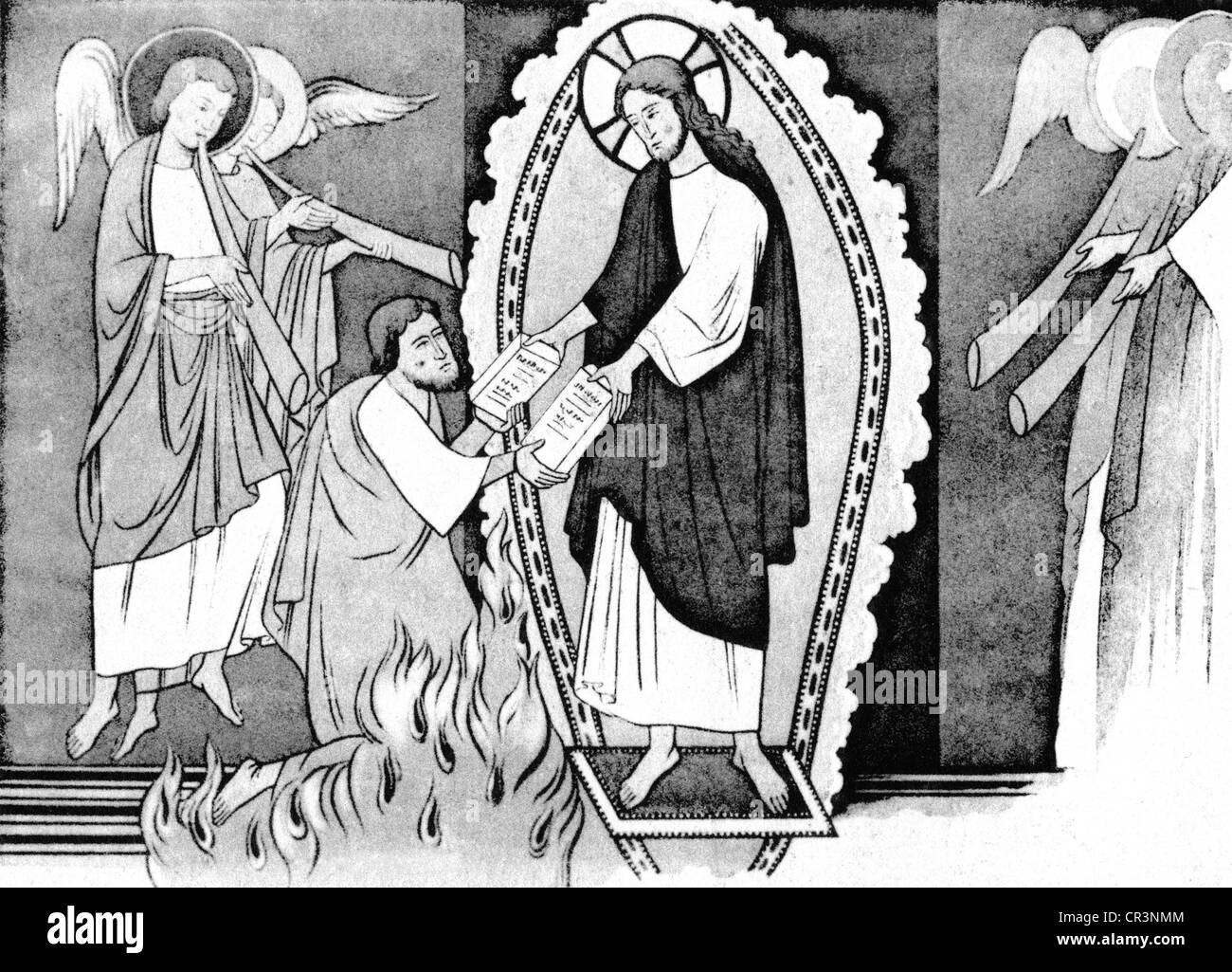 Moses, hebräischer Prophet, volle Länge, Darstellung: Moses bekommt die Tafeln mit den Zehn geboten, 12. Jahrhundert, Stockfoto