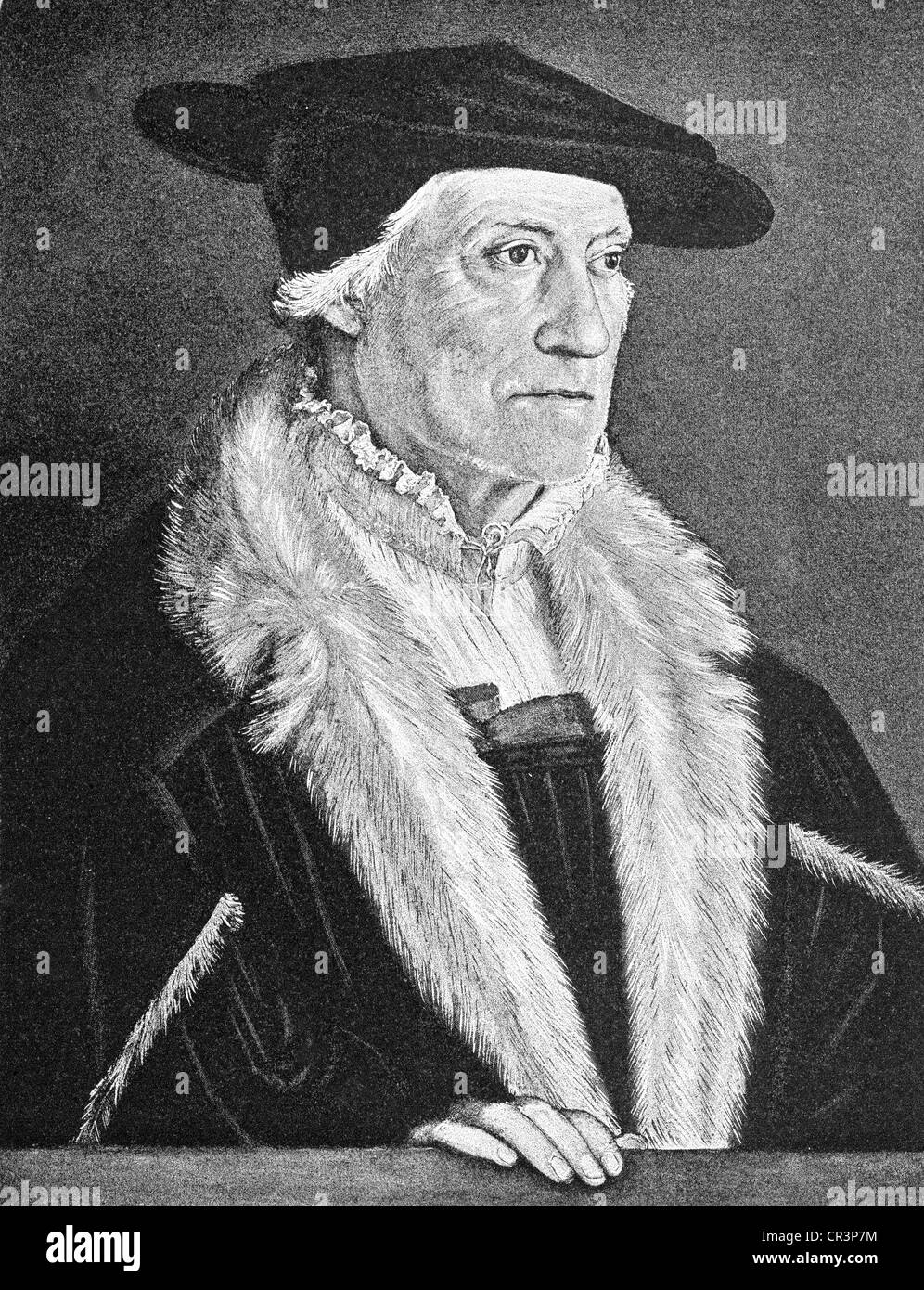 Münster, Sebastian, 20.1.1488 - 26.5.1552, deutscher Geistlicher, Theologe, Kosmograph, halbe Länge, laut Gravur von Christopher Amberger ( ca. 1500 - 1561), Stockfoto