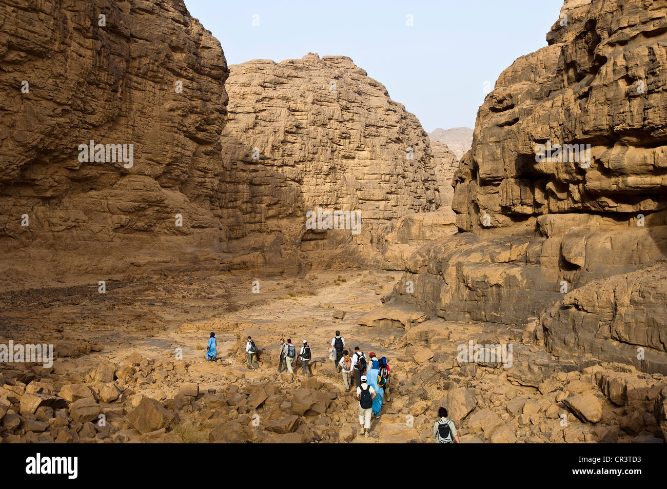 Algerien, Sahara, in der Nähe von Djanet, Tassili N' Ajjer-massiv, Nationalpark UNESCO-Welterbe, Wanderer und Tuareg führen zwischen Stockfoto