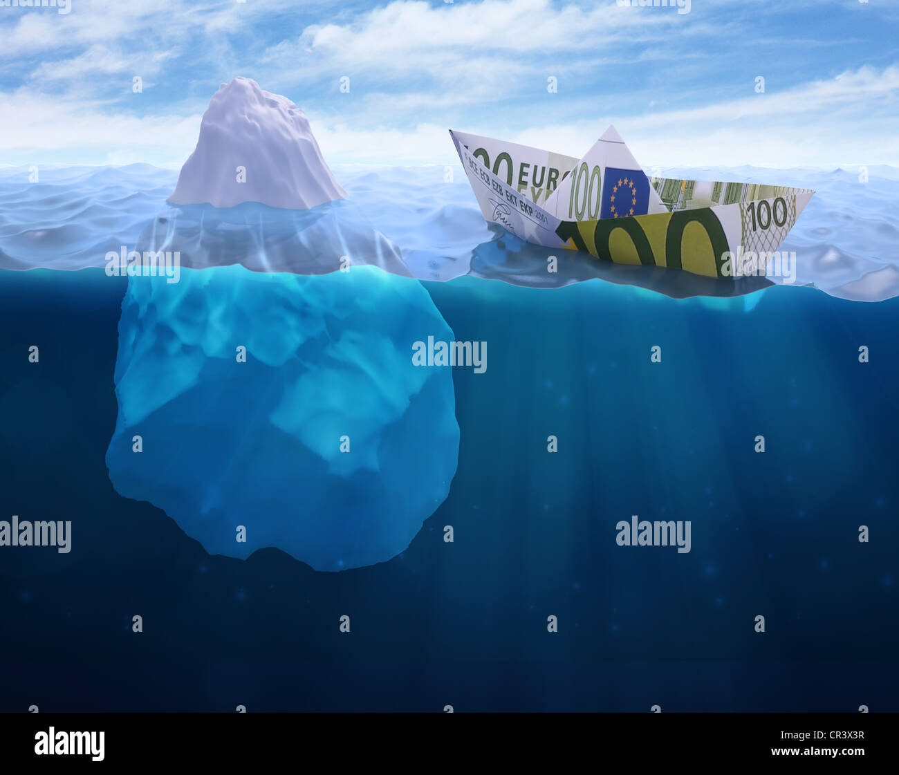Ein Papier-Schiff aus einer Euro-Banknote Überschrift in einem Eisberg gemacht Stockfoto