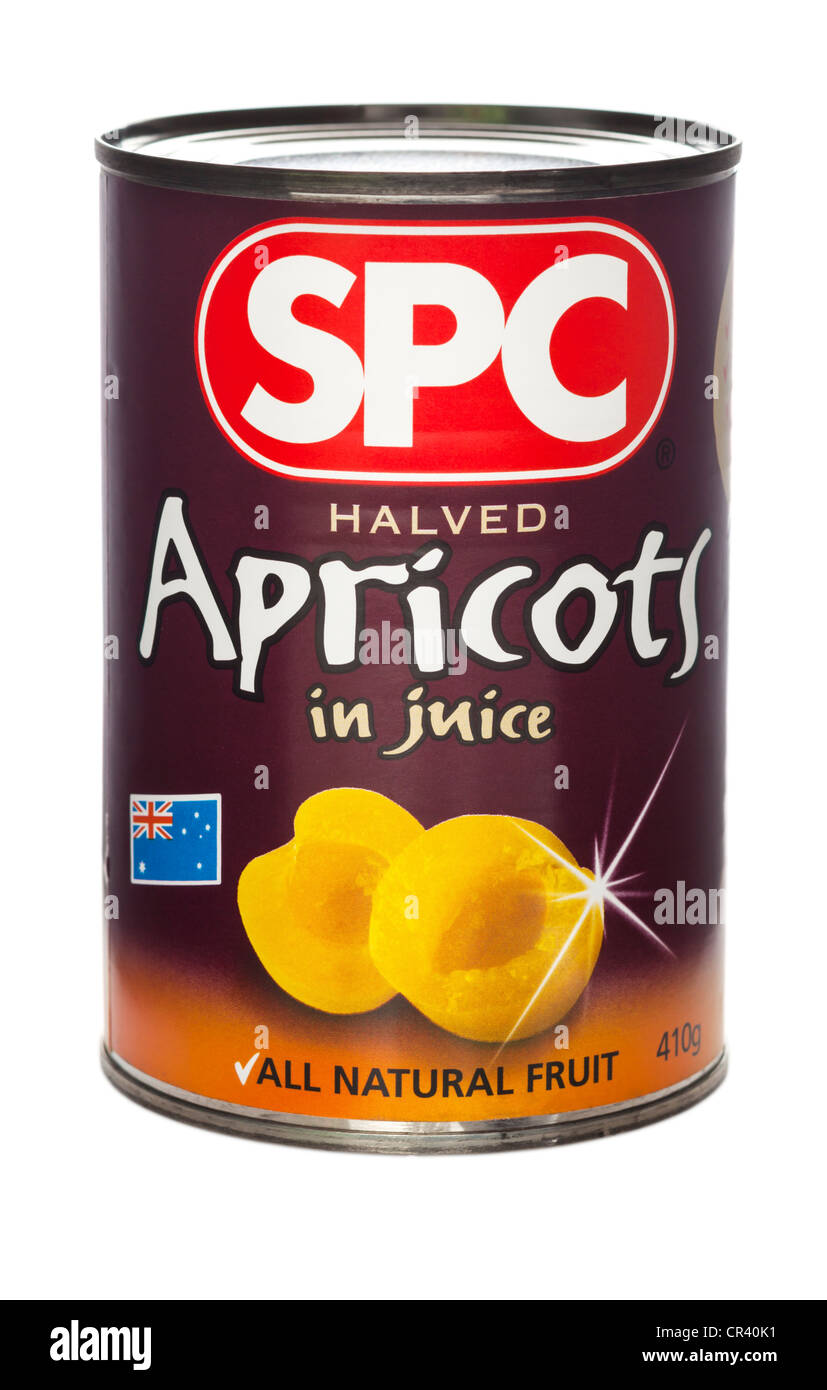 Eine Dose SPC halbierte Aprikosen im Saft. Stockfoto