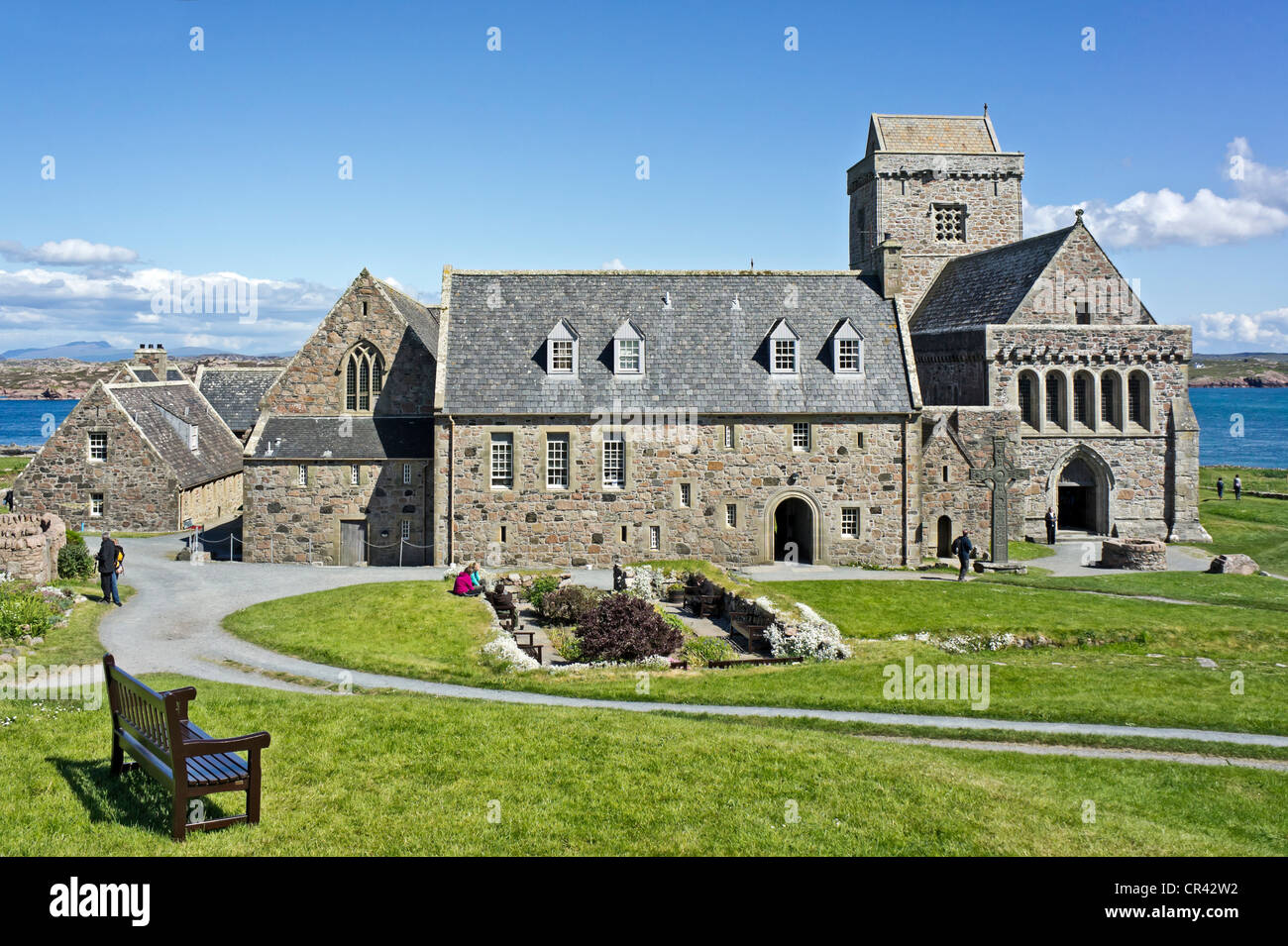 Historic Scotland und Iona Abbey in Baile Mor an der Ostküste der Insel Iona aus Mull in West-Schottland Stockfoto