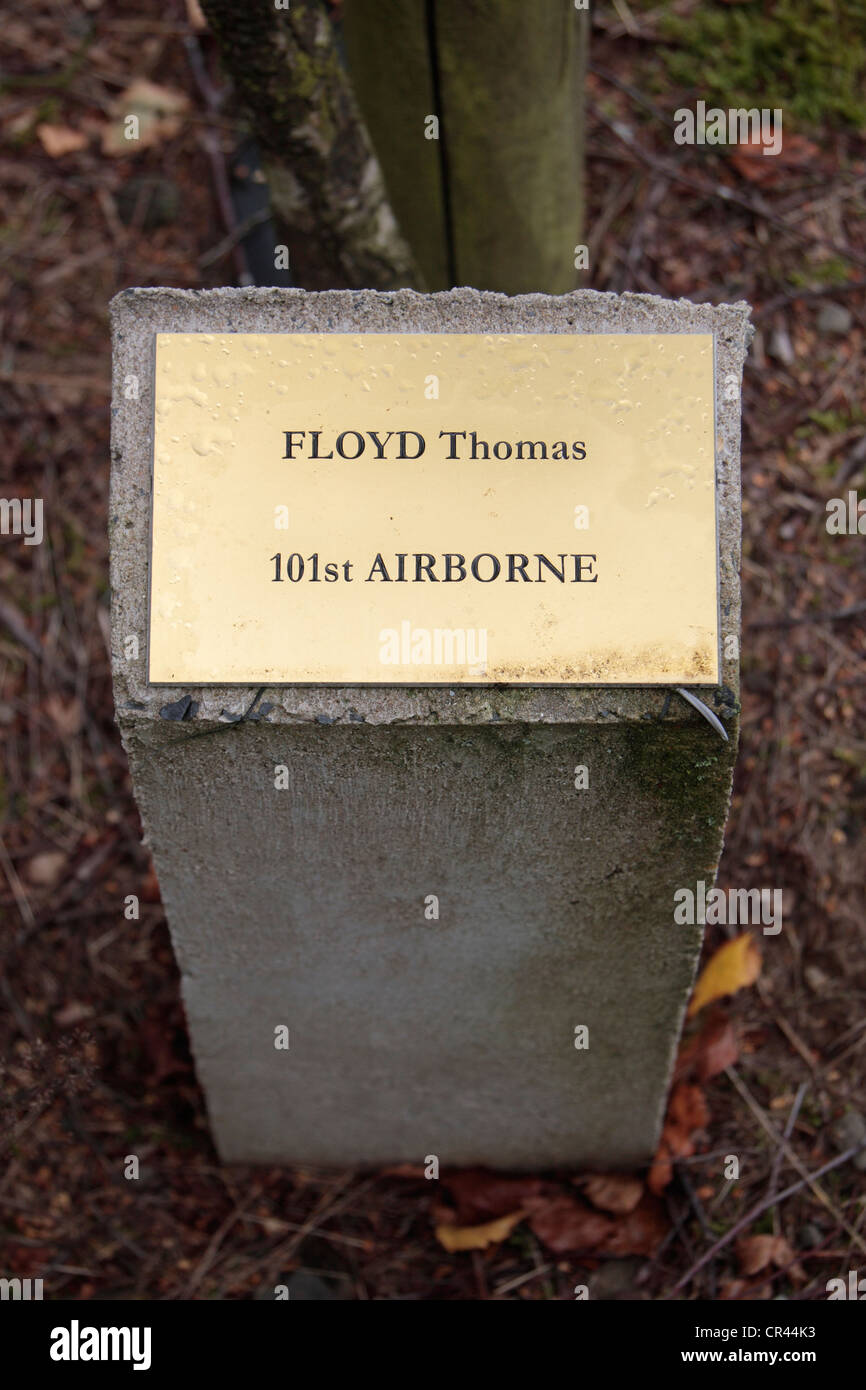 Platte durch einen Baum gewidmet Thomas Floyd, 101st Airborne im Bois De La Paix (Holz des Friedens), in der Nähe von Bastogne, Belgien zu nennen. Stockfoto