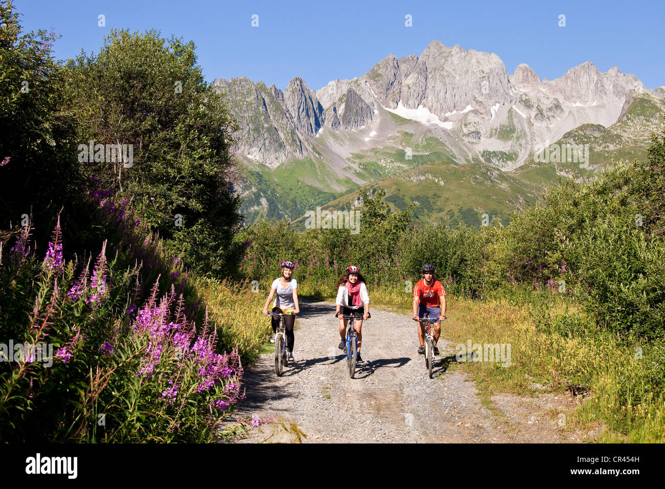 Frankreich, Savoyen, Valmorel, Mountainbike-Touren mit Blick auf Chaine De La Lauziere und Grand Pic (2829m) Stockfoto