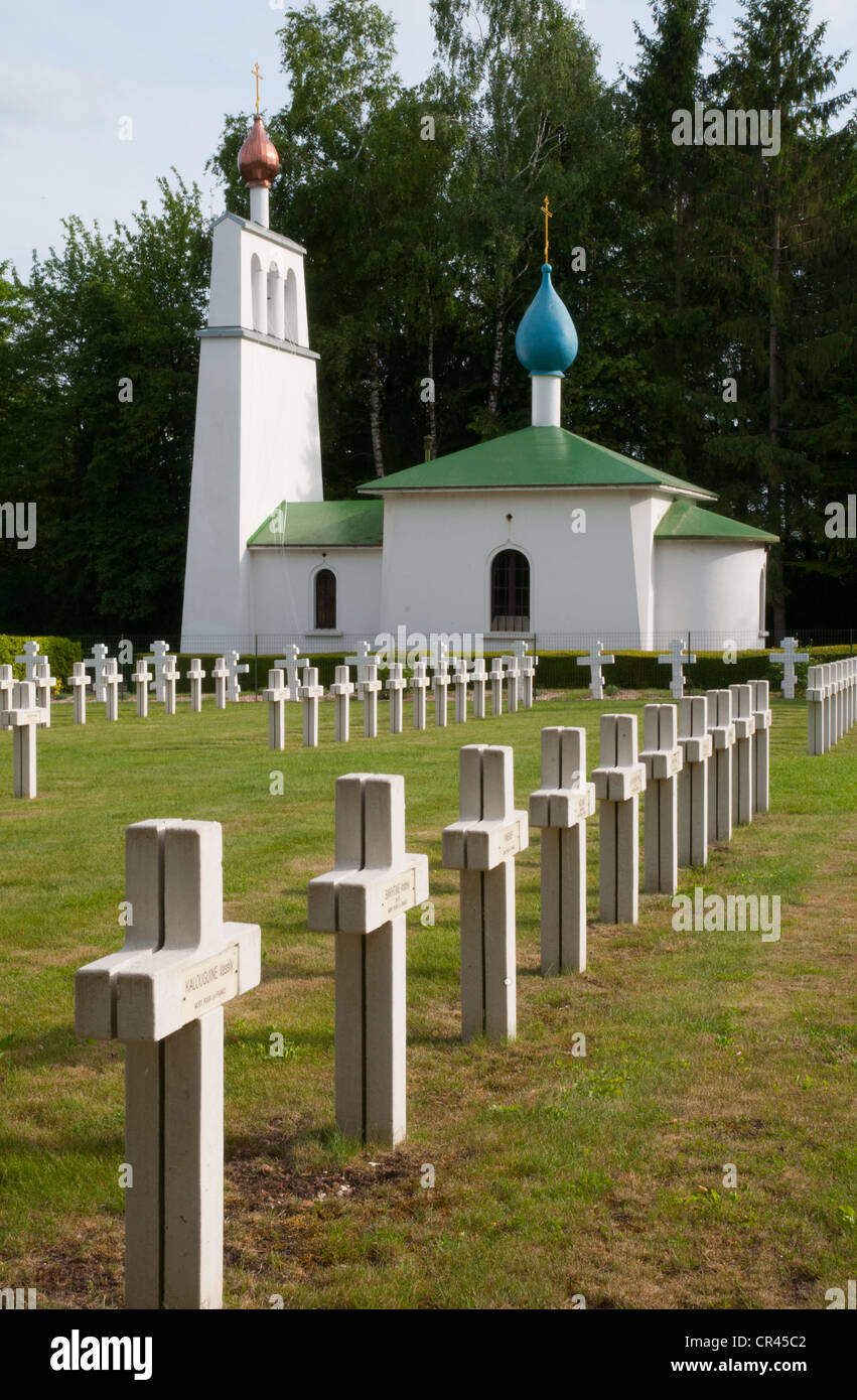 Russische Soldatenfriedhof und orthodoxe Kirche Saint-Hilaire-Le-Grand, Champagne Region, Frankreich Stockfoto