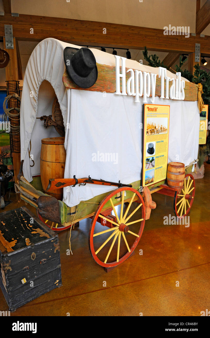 Planwagen Display Wyoming Welcome Center WY uns west Stockfoto