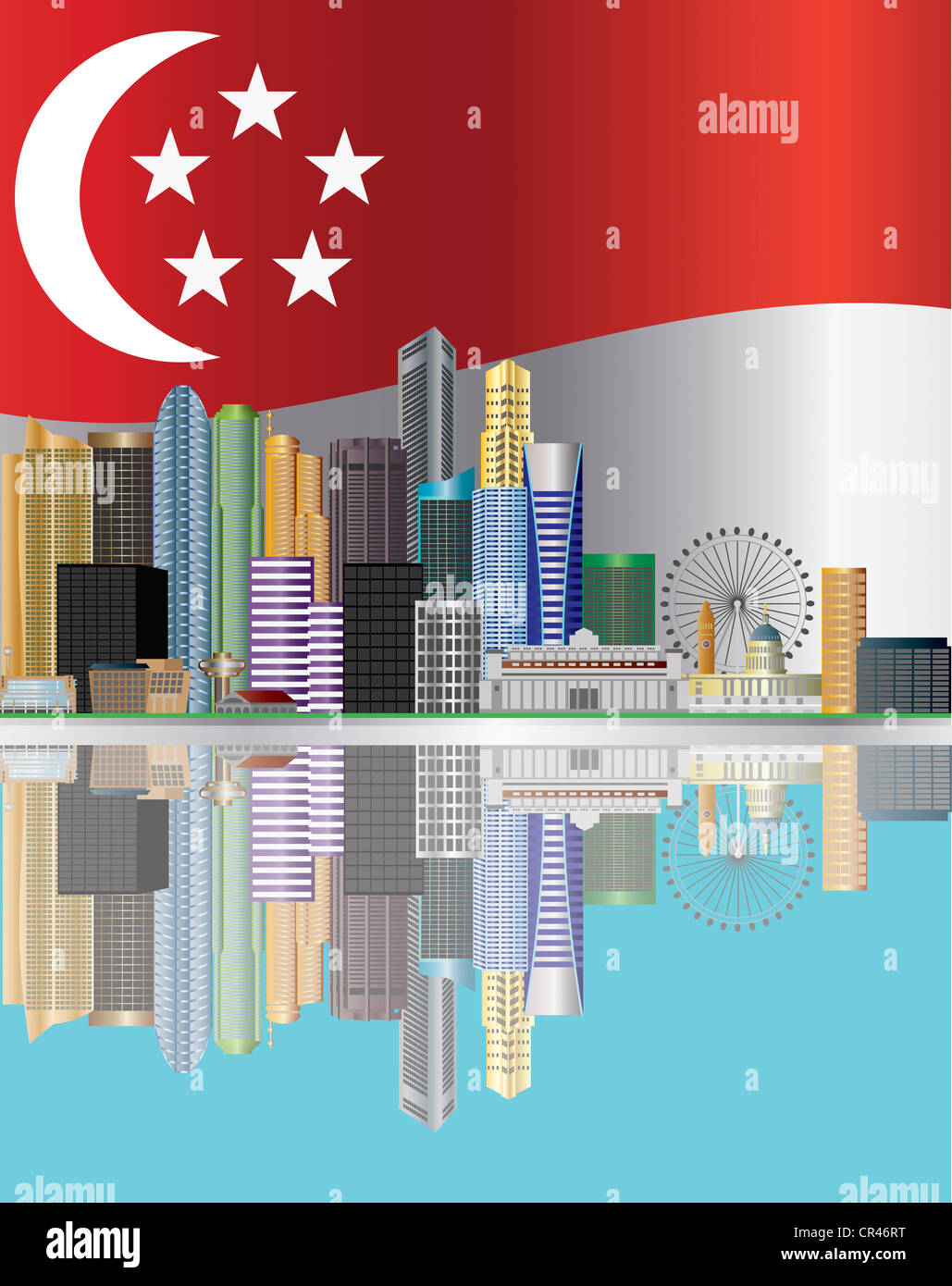 Singapur City Skyline Reflexion mit Singapur Flagge Hintergrund Illustration Stockfoto