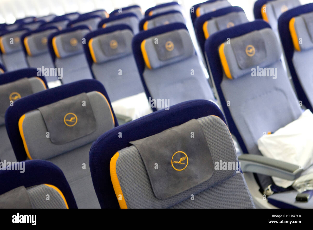 Die Economy Class Abschnitt einer Lufthansa Boeing 747-8. Stockfoto