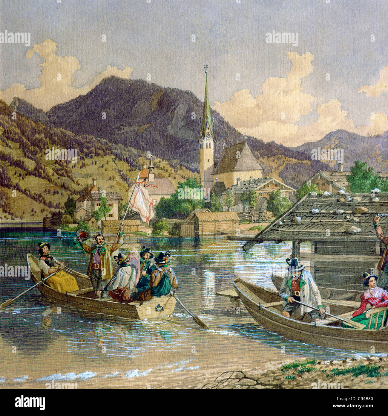 Schützen Reisen per Schiff auf See Tegernsee mit Egern Kirche auf Rückseite, Gemälde von L. Quaglio historische Wasser Farbe Stockfoto