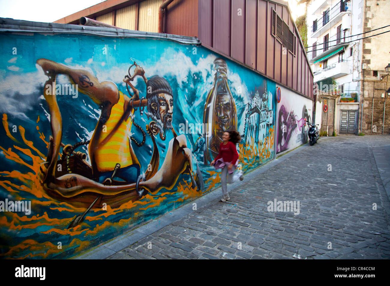 Wandbild in Mutriku, Guipuzcoa, Baskisches Land, Spanien, Europa Stockfoto