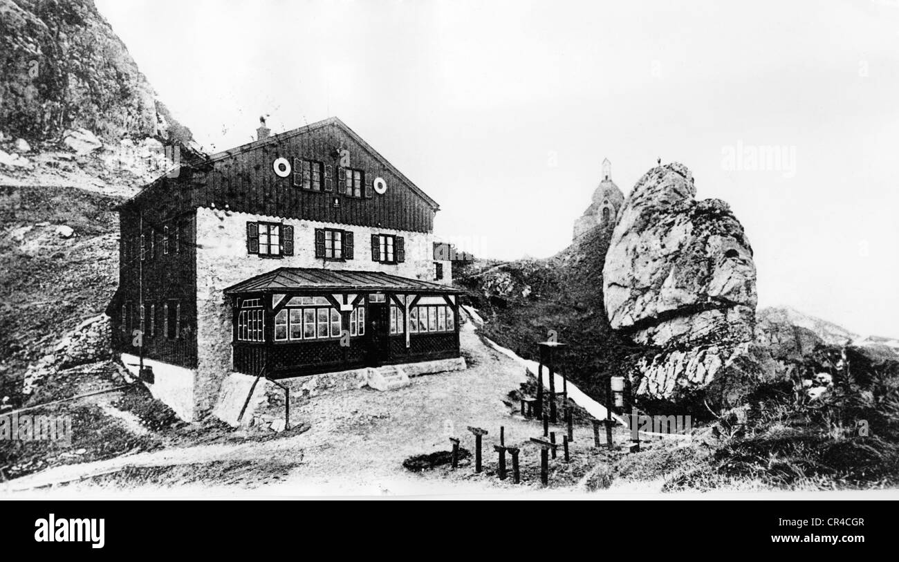 Berghütte mit Wendelstein-Kapelle, Wendelstein, Oberbayern, Deutschland, Europa, historische Postkarte um 1900 Stockfoto