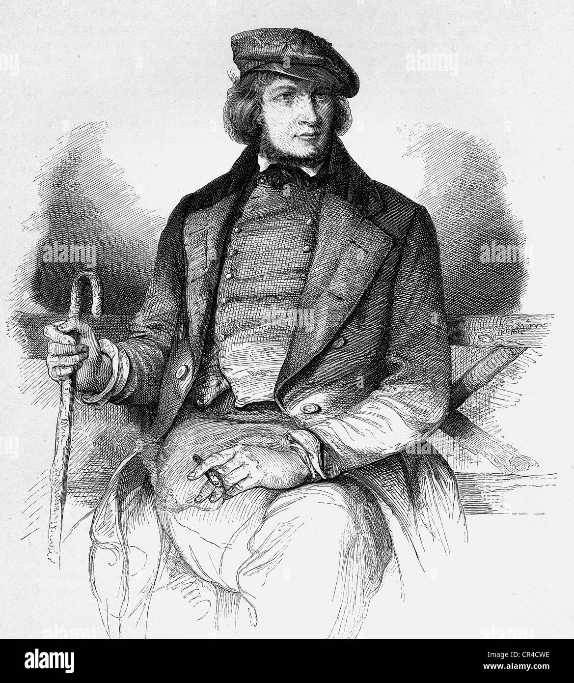 August Heinrich Hoffmann, bekannt als Hoffmann von Fallersleben (1798-1874), Professor, Schriftsteller, Dichter, Stahlstich Stockfoto
