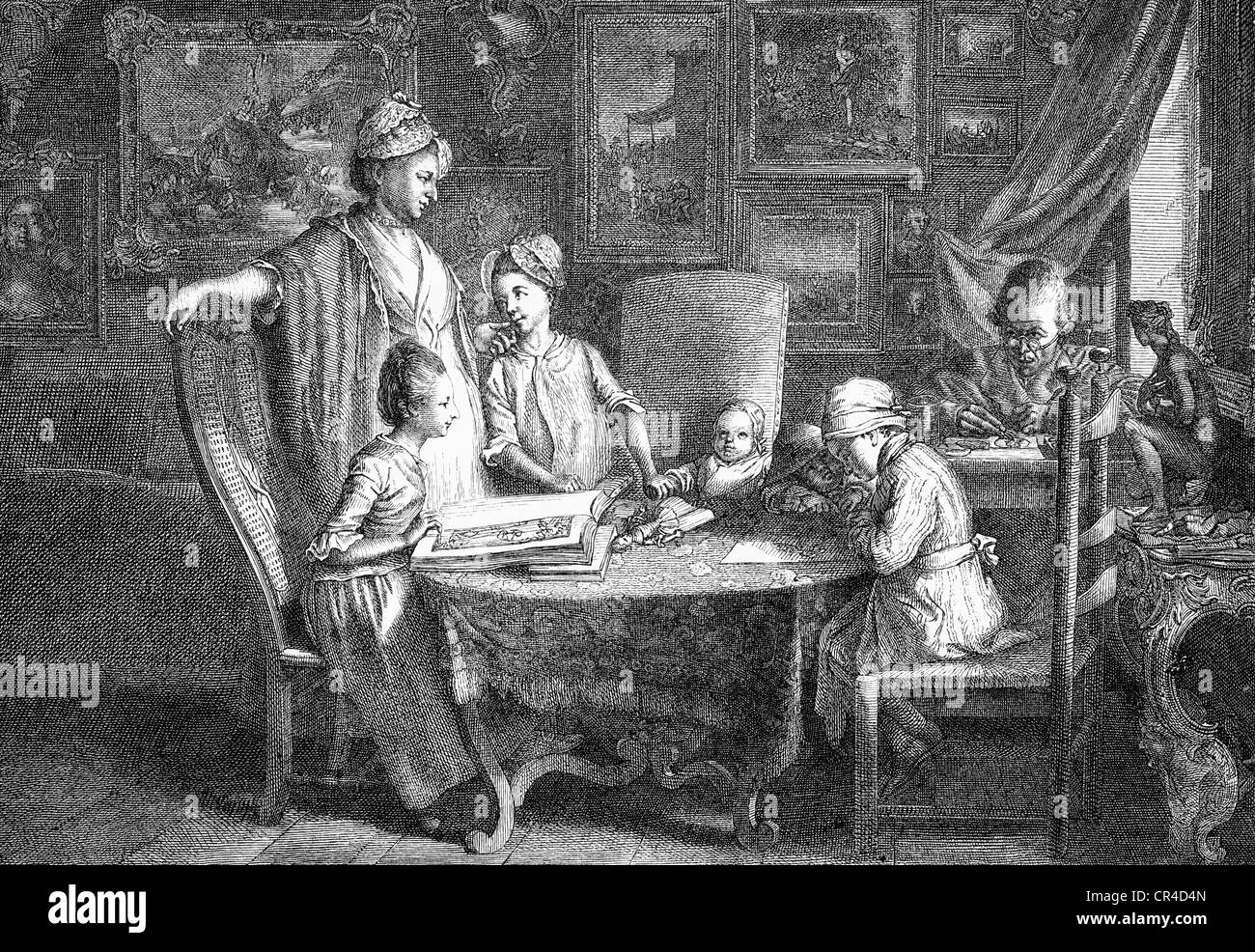 Daniel Nikolaus Chodowiecki (1726-1801), Kupferstecher und Zeichner in seiner Familie, Stahlstich, vor 1880 Stockfoto