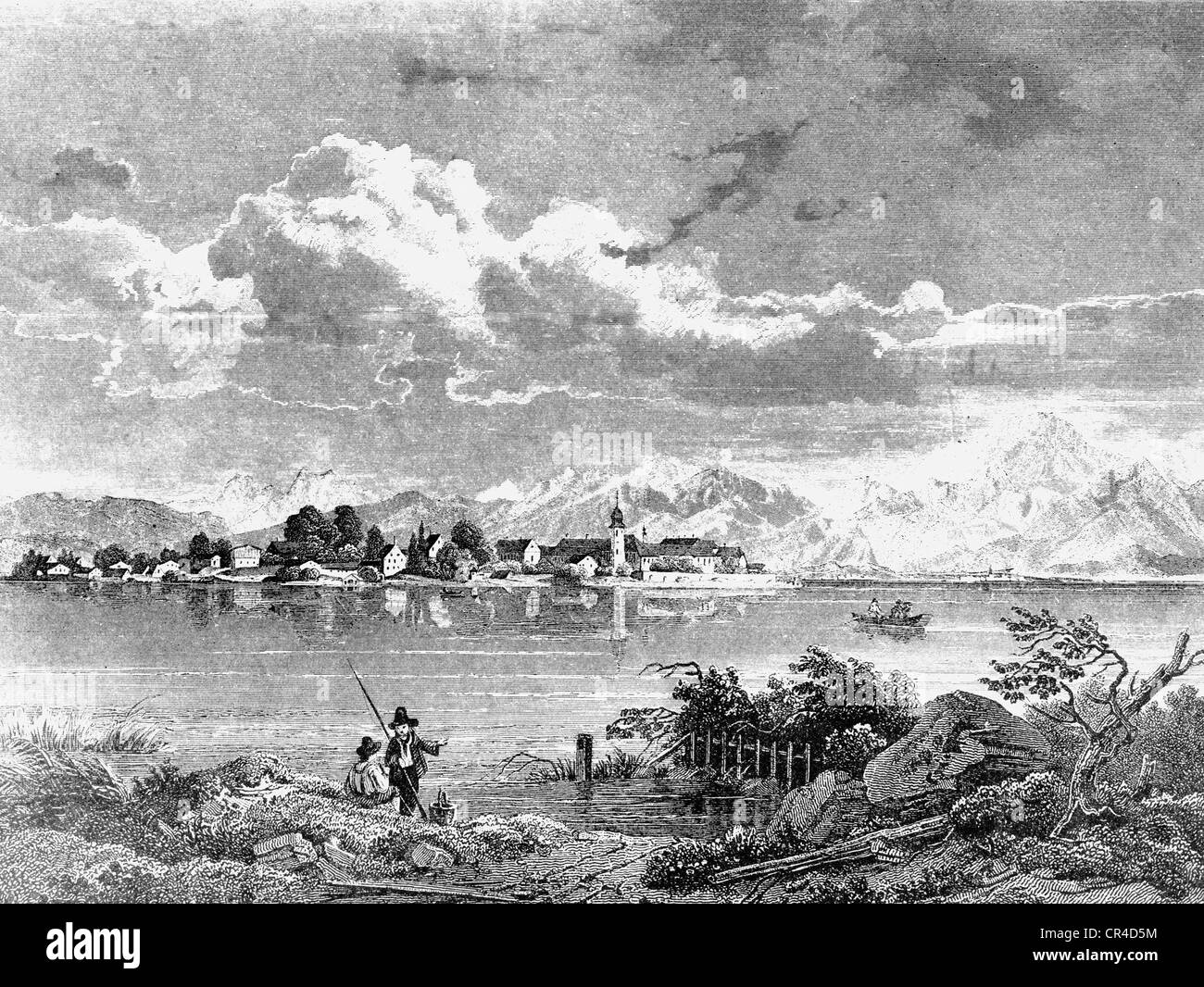 Frauenchiemsee Insel im See Chiemsee vor den Chiemgauer Bergen, um 1830, gezeichnet von W. Scheuchzer- Stockfoto