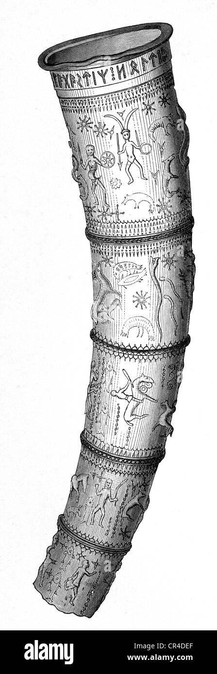 Zeichnung, Horn eines Tieres mit Runen, 5. bis 6. Jhdt. AC, fand 1734 in der Nähe von Tondern, Schleswig-Holstein, Deutschland, Europa Stockfoto