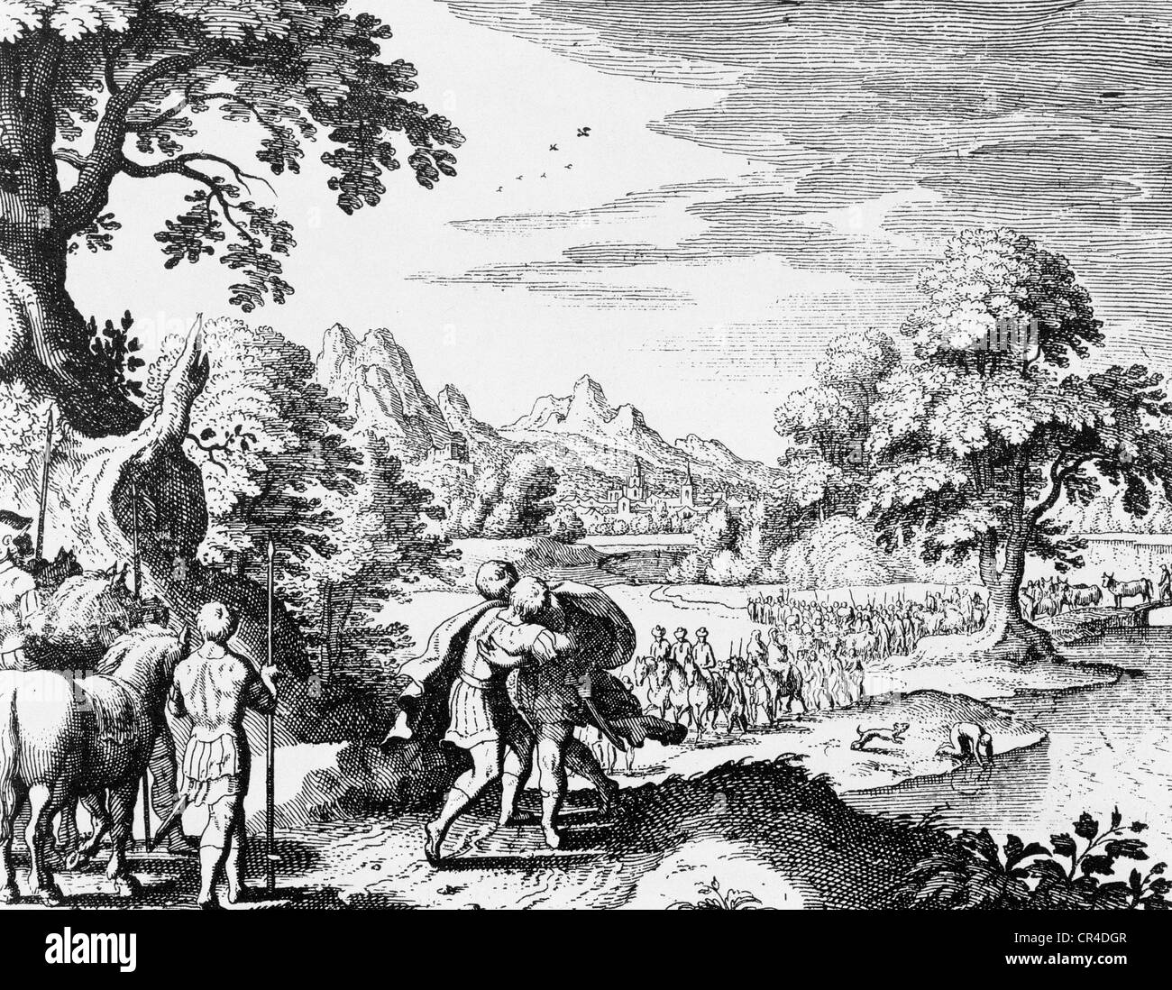 Jakobs Versöhnung mit Esau Bibel von Matthäus sMerian, ca. 1625 Stockfoto