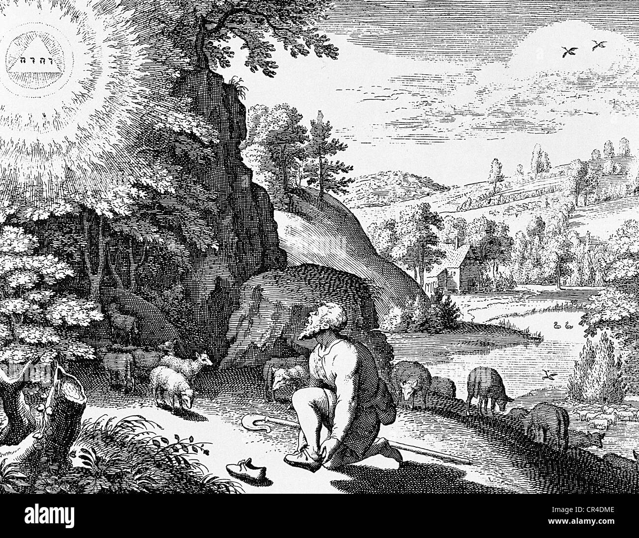 Moses und der brennende Dornbusch, Bibel von Matthaeus Merian, ca. 1625 Stockfoto