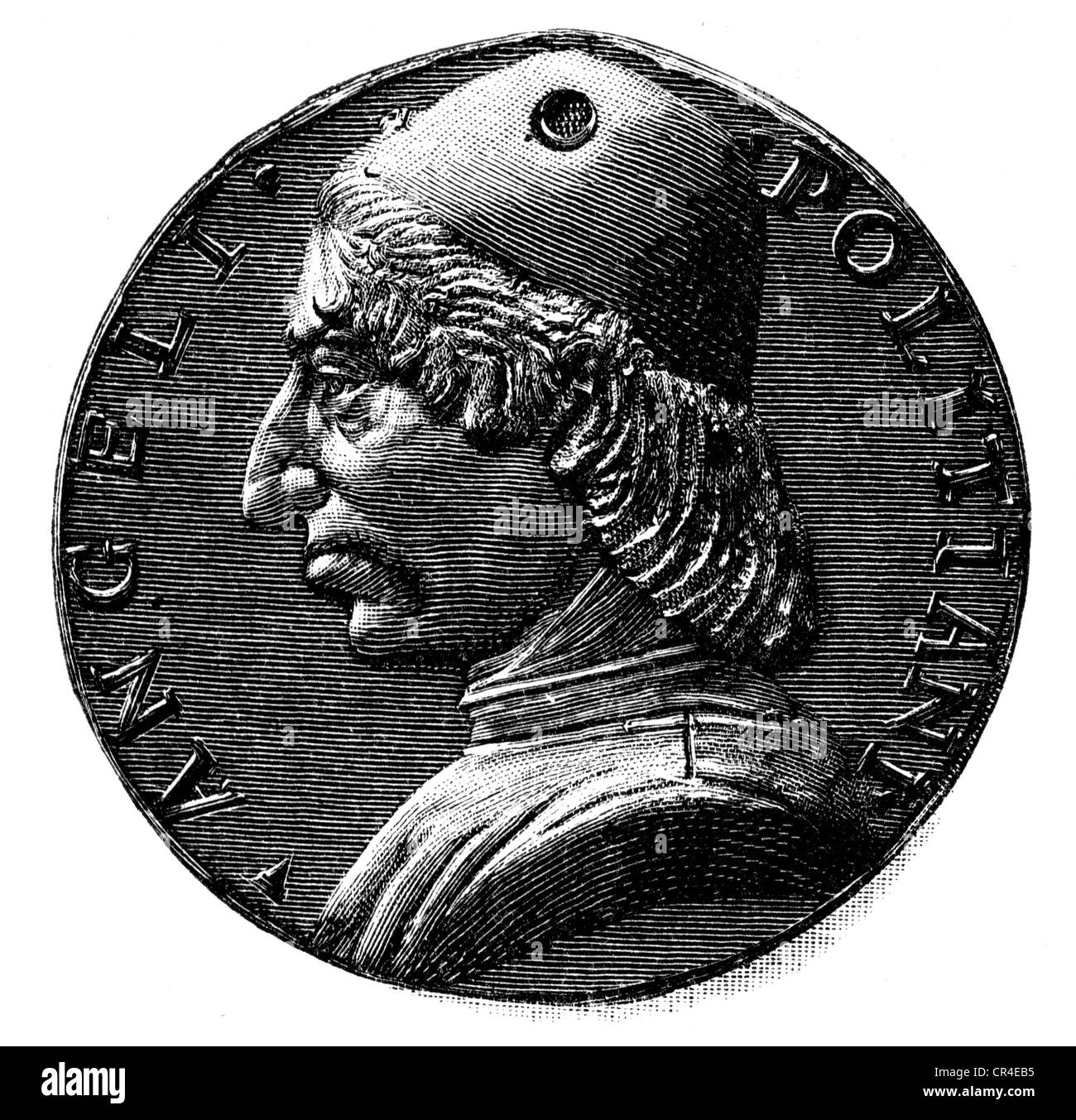 Poliziano, Angelo, 14.7.1454 - 24.9.1494, italienischer Autor/Schriftsteller, Humanist, Dichter, Porträt, Profil, aus Medaille, 15. Jahrhundert, Berlin Dahlem, anonym, Holzgravur, 19. Jahrhundert, Stockfoto