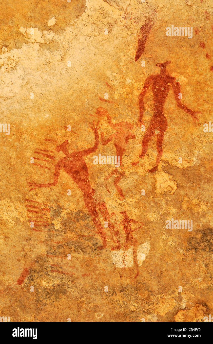 Gemalte Menschen, neolithischen Felszeichnungen an Tin Meskis, Adrar n'Ahnet, Algerien, Sahara, Nordafrika Stockfoto