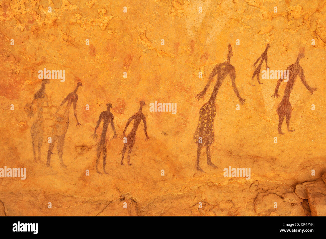 Gemalte Menschen, neolithischen Felszeichnungen an Tin Meskis, Adrar n'Ahnet, Algerien, Sahara, Nordafrika Stockfoto