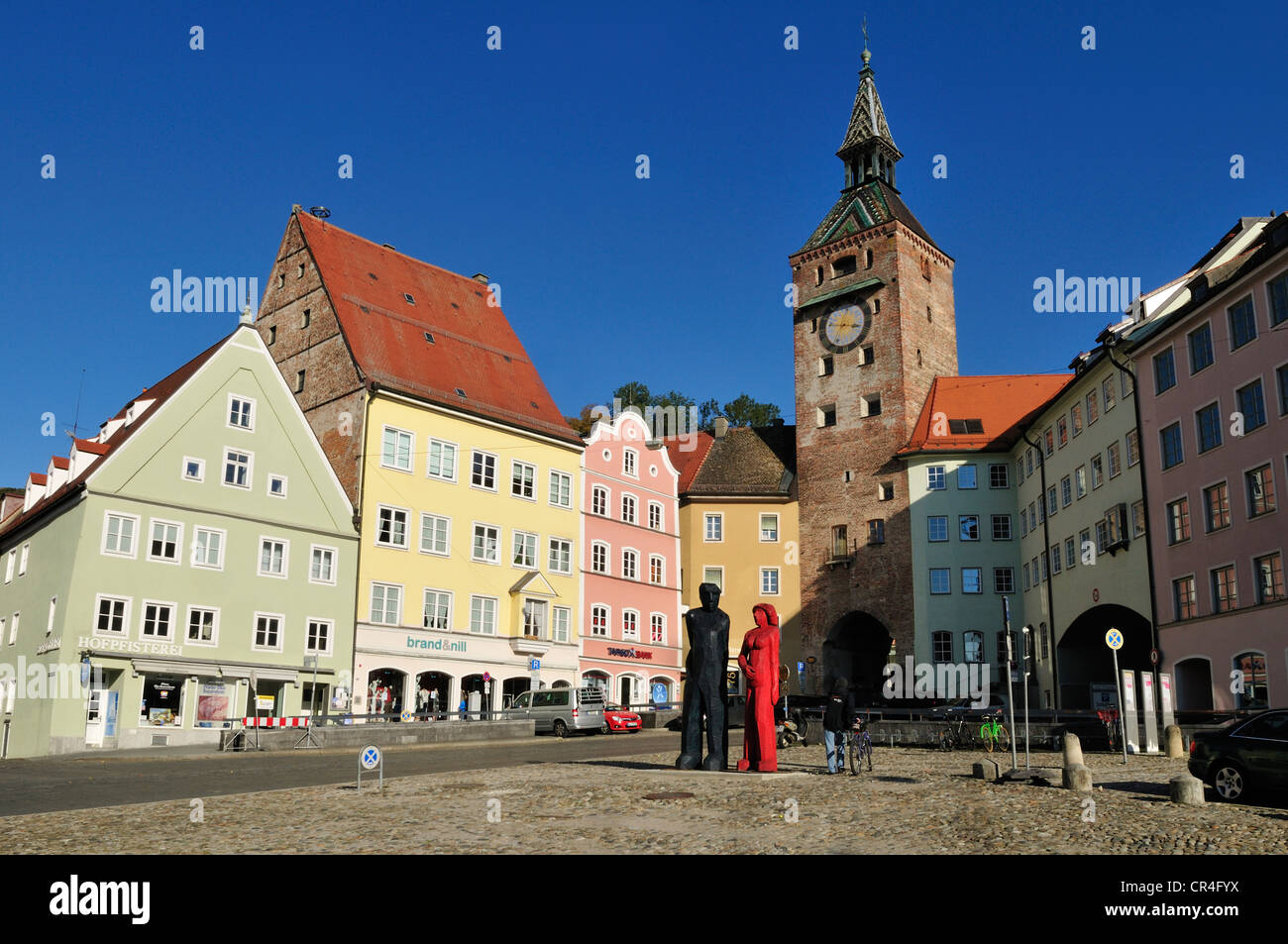 Schmalzturm historischen Turm, auf dem zentralen Stadtplatz in der Altstadt von Landsberg am Lech, Oberbayern Stockfoto