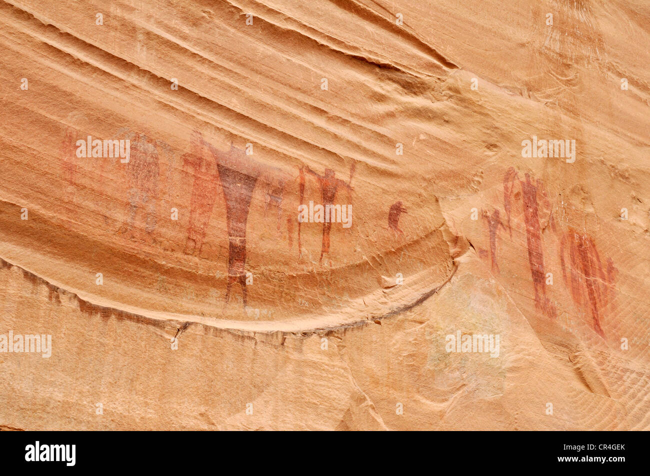 Native American Indian Felszeichnungen am Buckhorn zeichnen Petroglyphen, San Rafael Swell, Utah, USA, Nordamerika Stockfoto