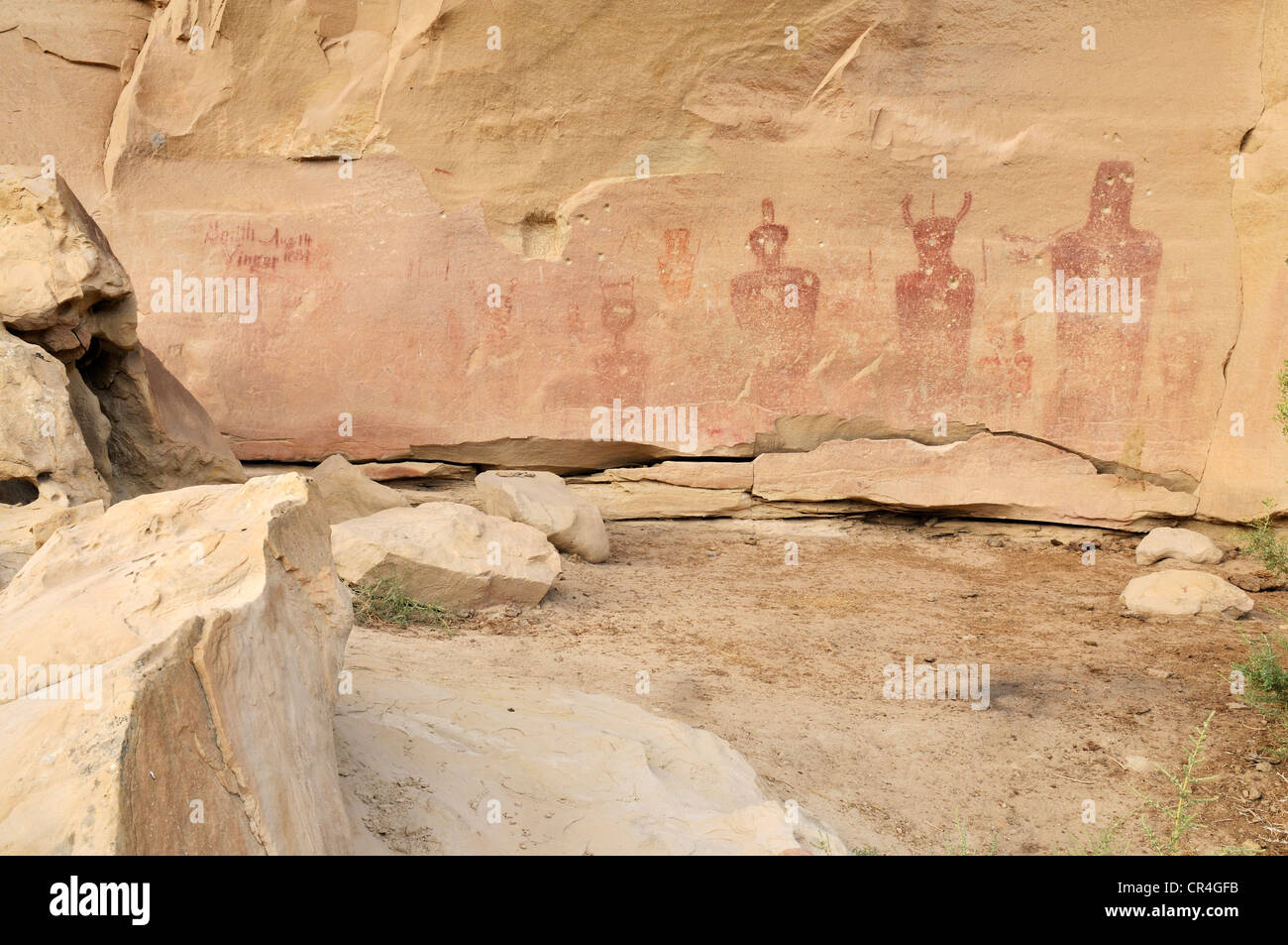 Native American, indisch Felskunst an Sego Canyon Petroglyphen, Utah, USA, Nordamerika Stockfoto