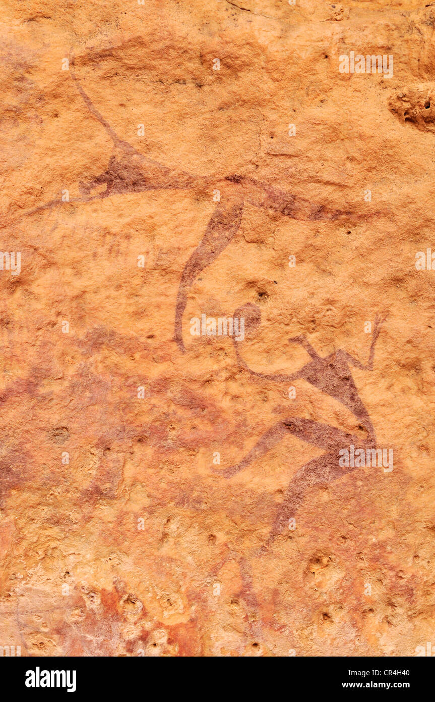 Malte Person, neolithischen Felszeichnungen an Tin Meskis, Adrar N'Ahnet, Algerien, Sahara, Nordafrika Stockfoto