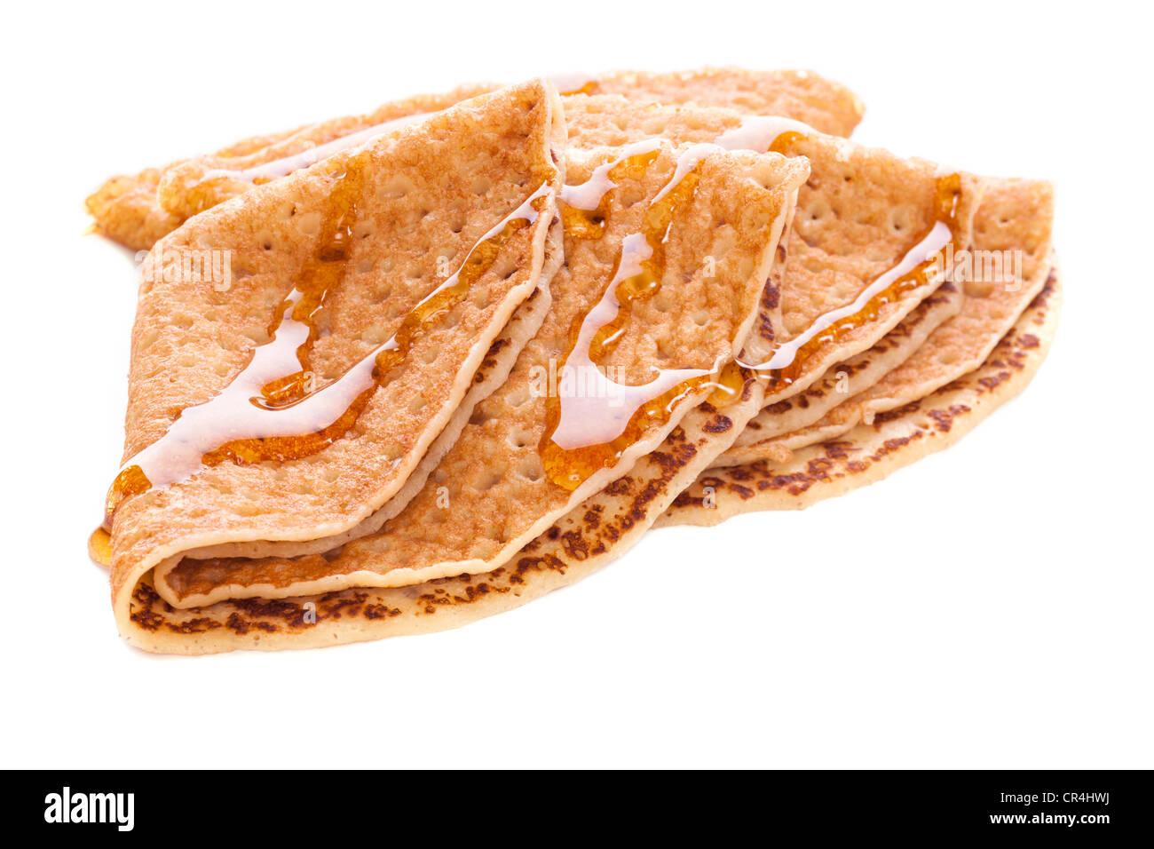 Kommerziell produziert Crêpes oder Pfannkuchen mit Ahornsirup. Stockfoto