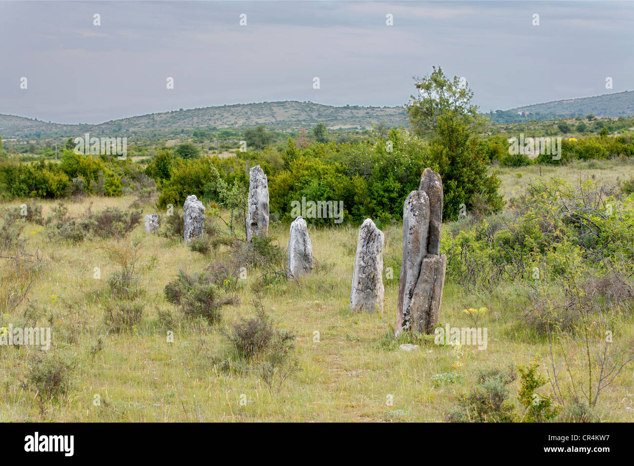 Stehenden Steinen von La Rigalderie, Causse Blandas, die Causses und Cevennen, mediterrane Agro-pastoralen kulturelle Stockfoto
