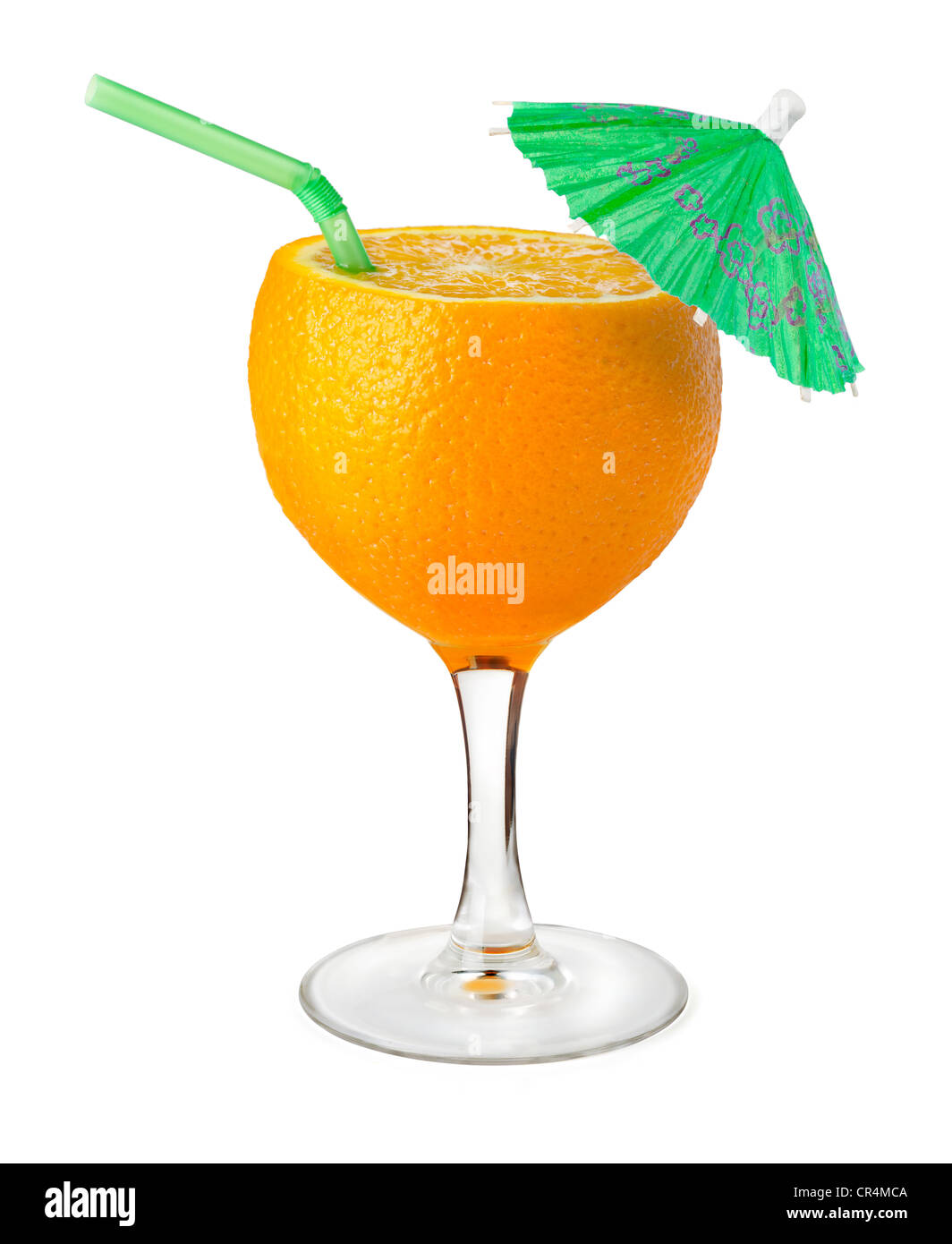 Fotomontage Weinglas und Orange - Konzept für gesunde Ernährung Stockfoto
